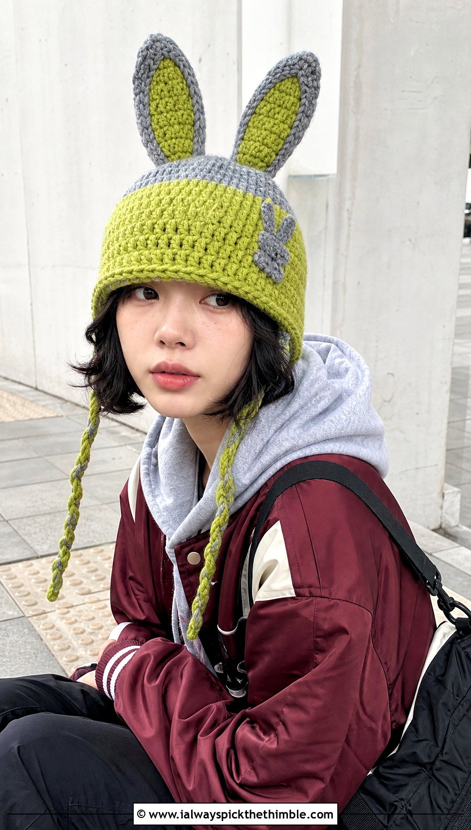 Color Block Crochet Rabbit Hat With Varsity Jacket And Cargo Pants - 15 Sincerity Is Scary Crochet Hat outfit ideas