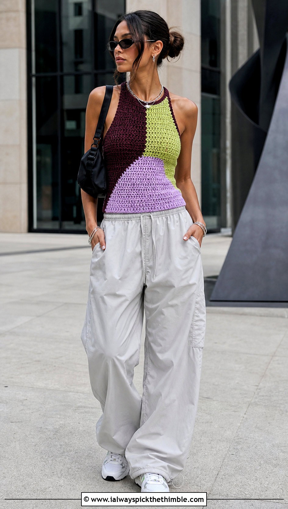 Color Block Crochet Racerback Tank Top With Parachute Pants - 20 Crochet Racerback Tank Tops outfit ideas