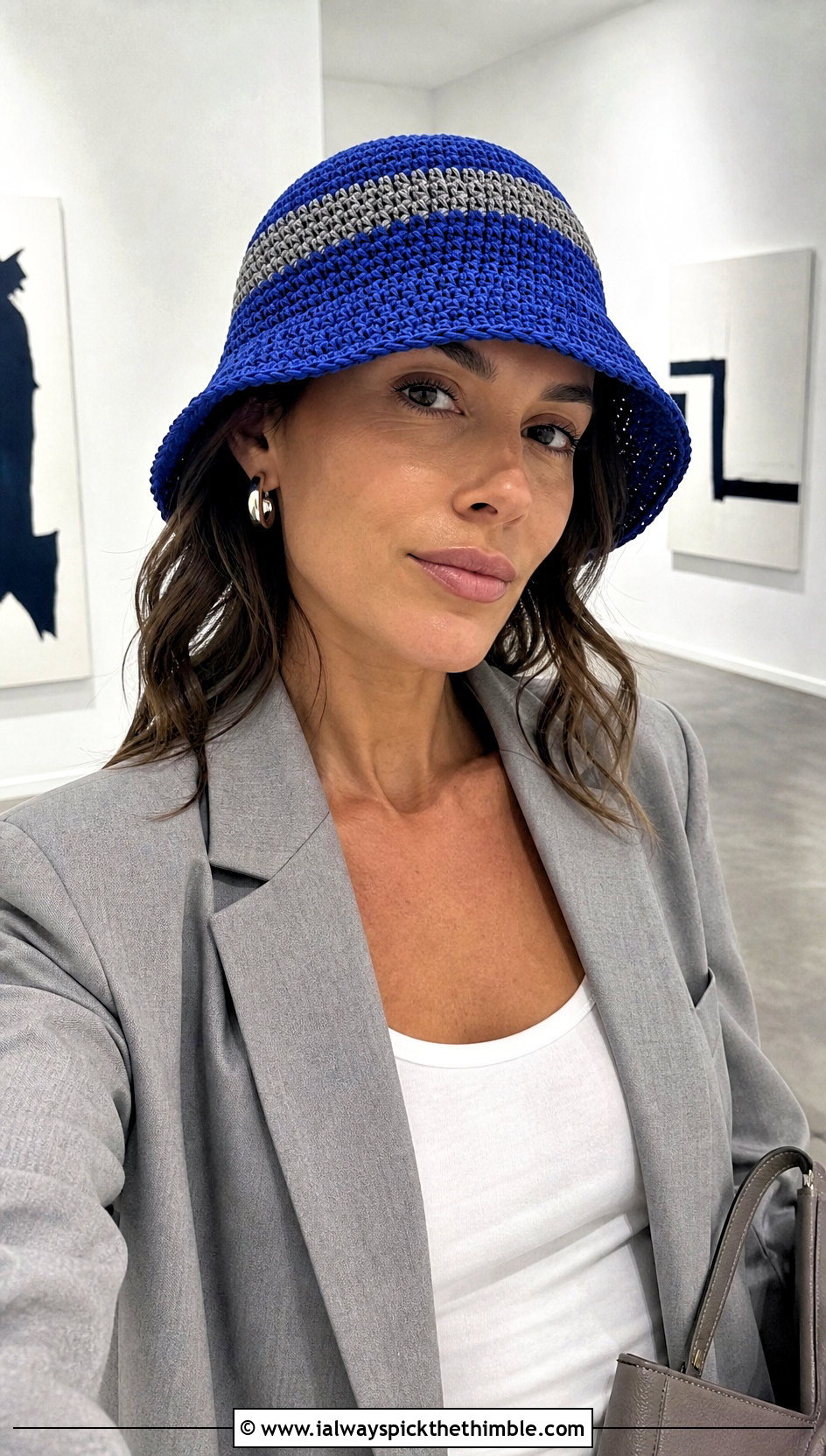 Color Block Crochet Raffia Bucket Hat With Blazer And Shorts - 20 crochet raffia bucket hat outfit ideas