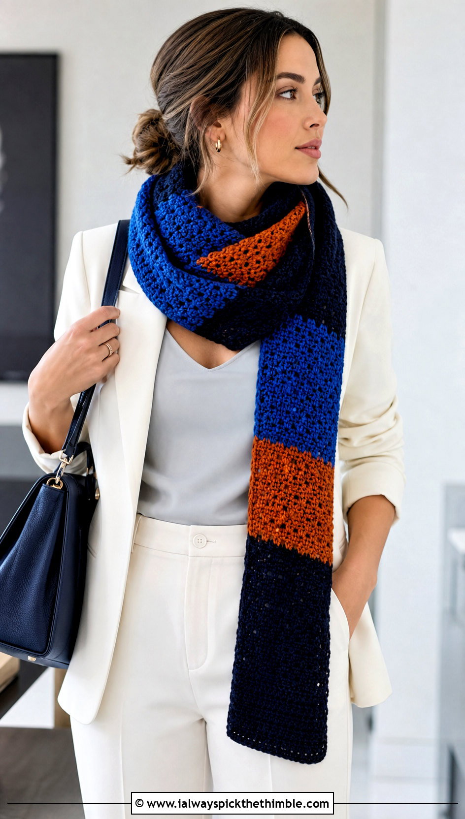 Color Block Crochet Ravenclaw Scarf With White Suit - 25 crochet ravenclaw scarf outfit ideas
