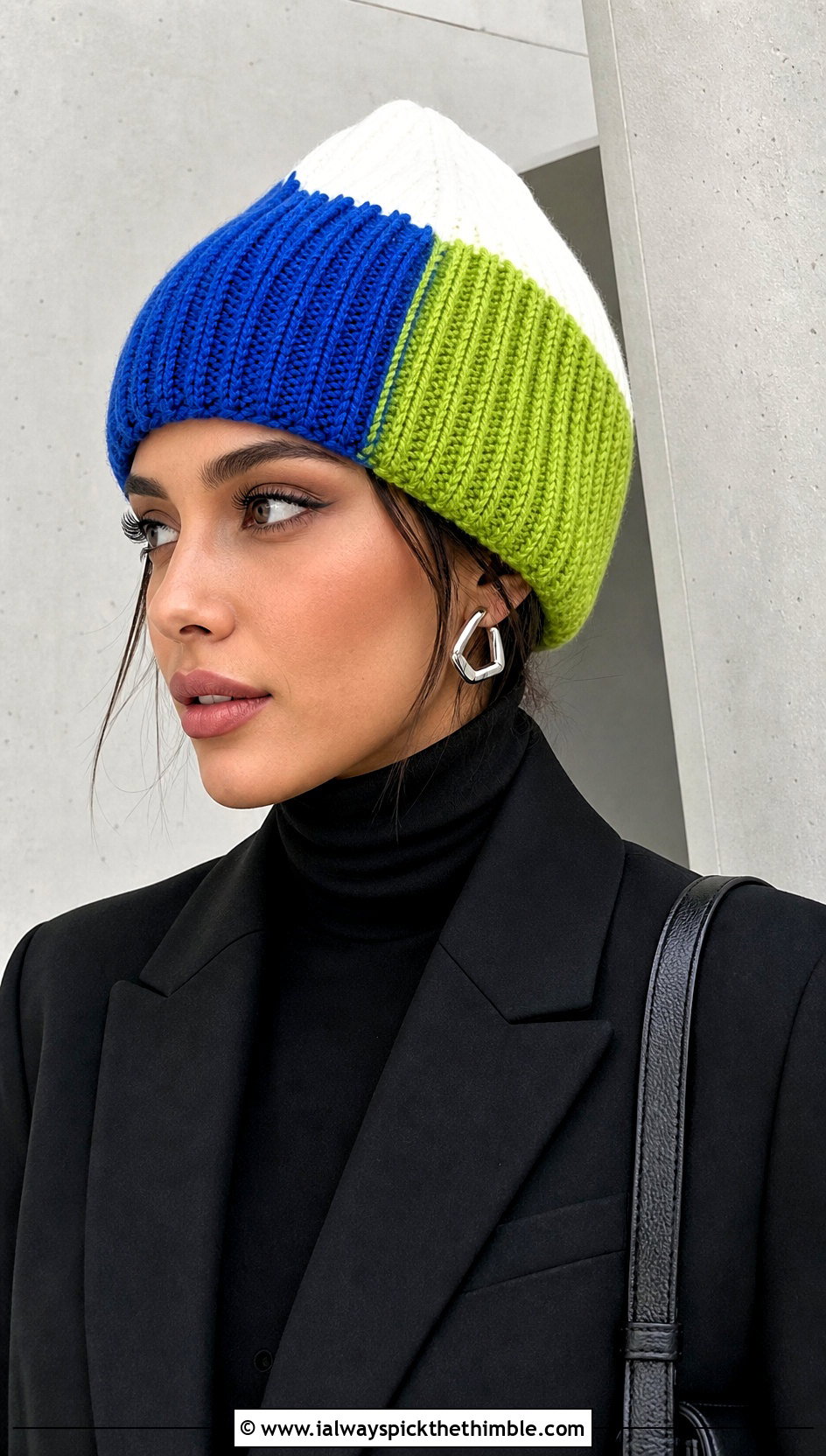 Color Block Crochet Ribbed Beanie With Monochrome Outfit - 25 crochet ribbed beanie outfit ideas
