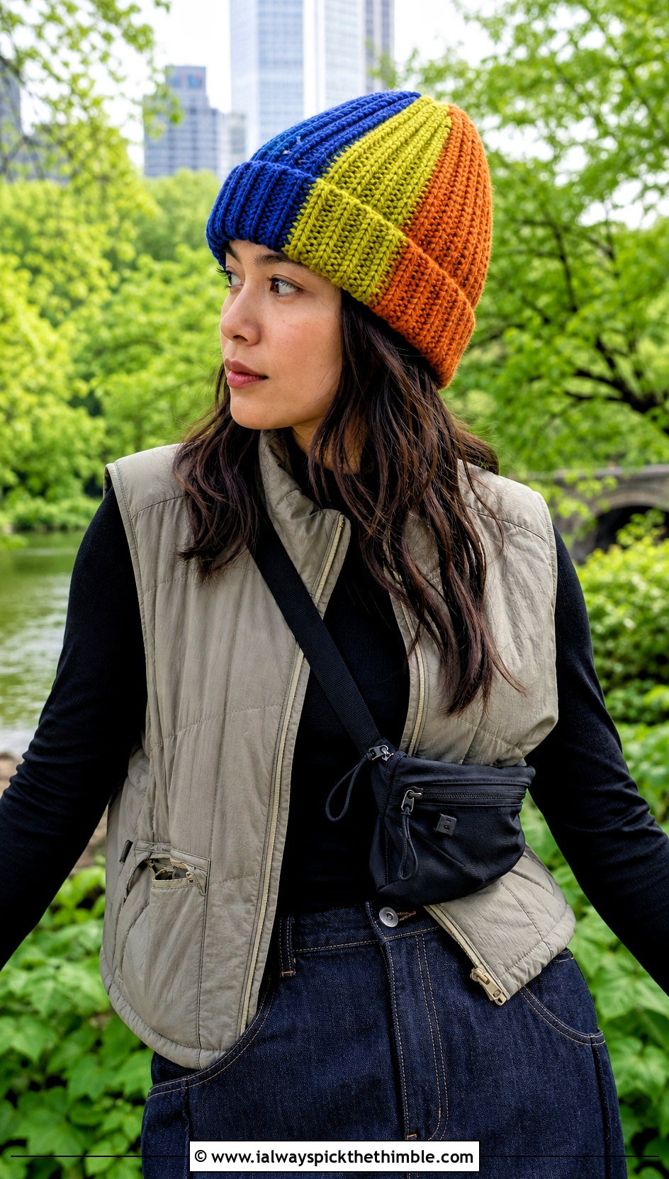 Color Block Crochet Ribbed Hat With Quilted Vest And Denim Midi Skirt - 20 Easy Crochet Ribbed Hat outfit ideas