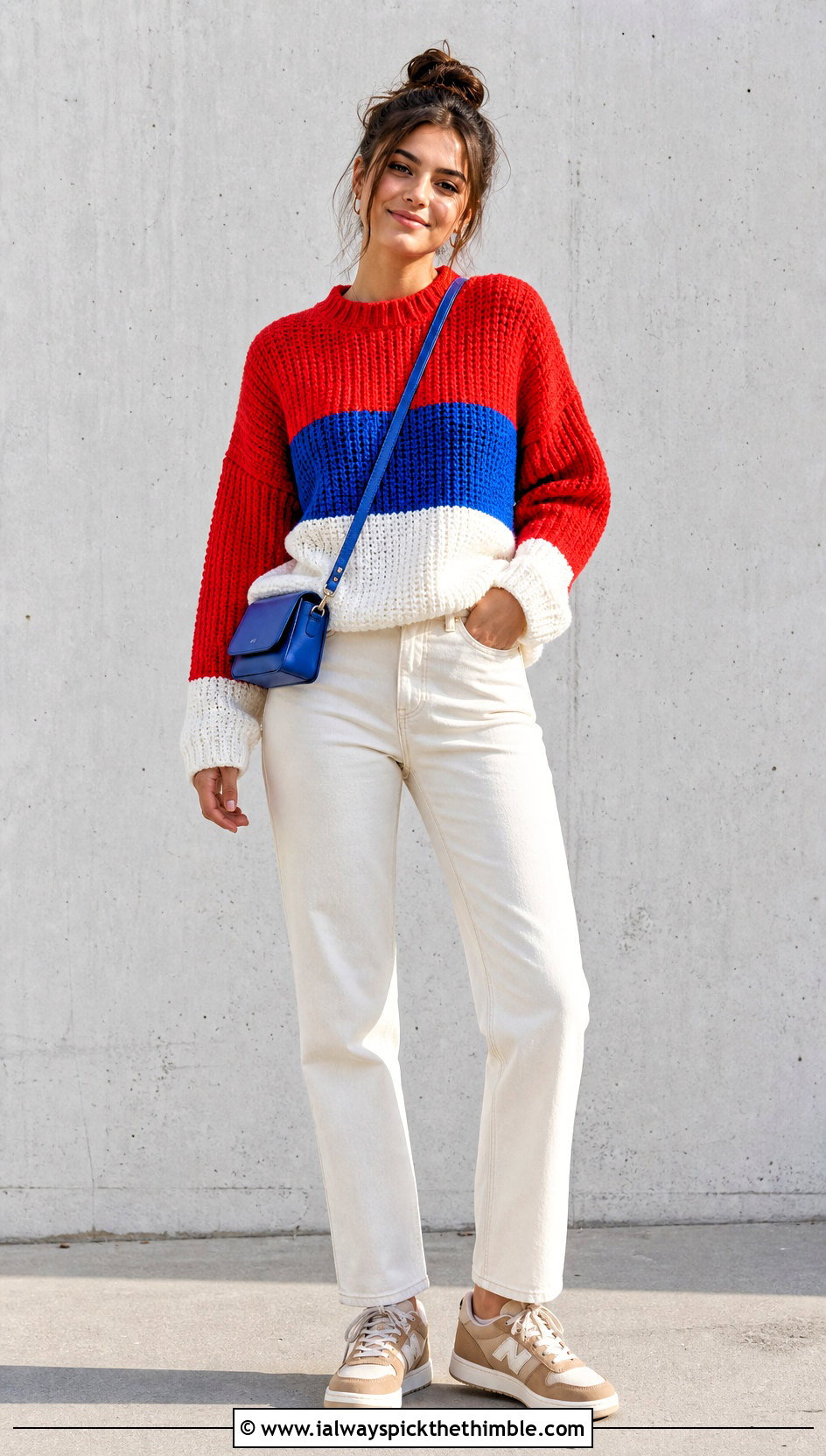 Color Block Crochet Ribbed Sweater With Ecru Jeans - 25 crochet ribbed sweater outfit ideas
