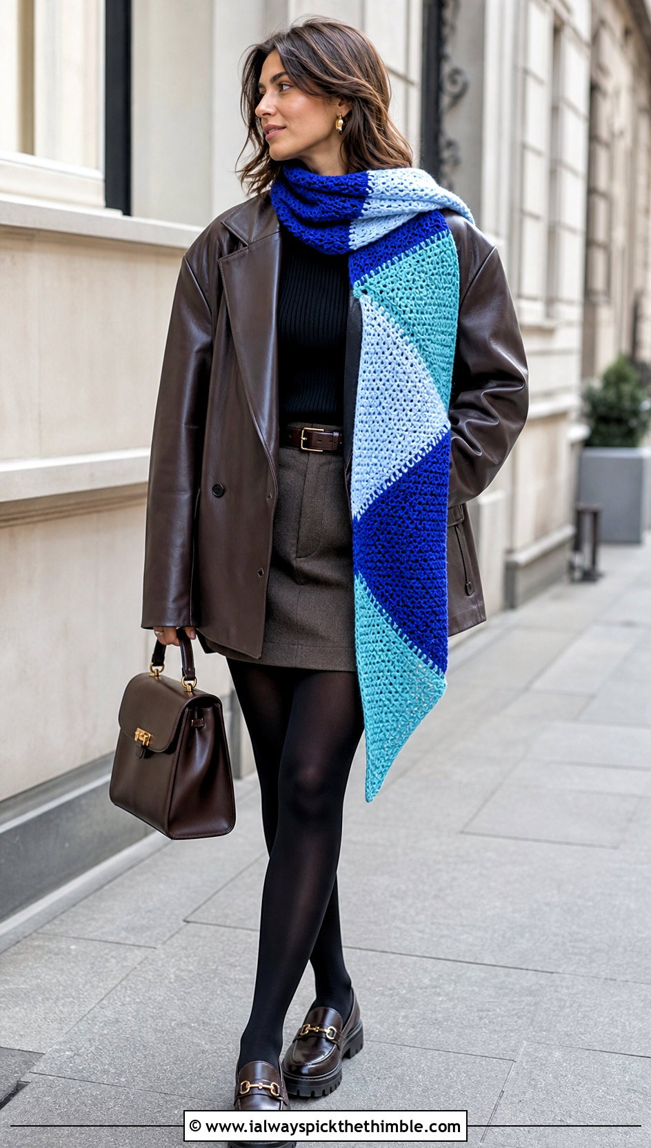 Color Block Crochet Road Trip Scarf With Leather Blazer - 15 Crochet Road Trip Scarf outfit ideas