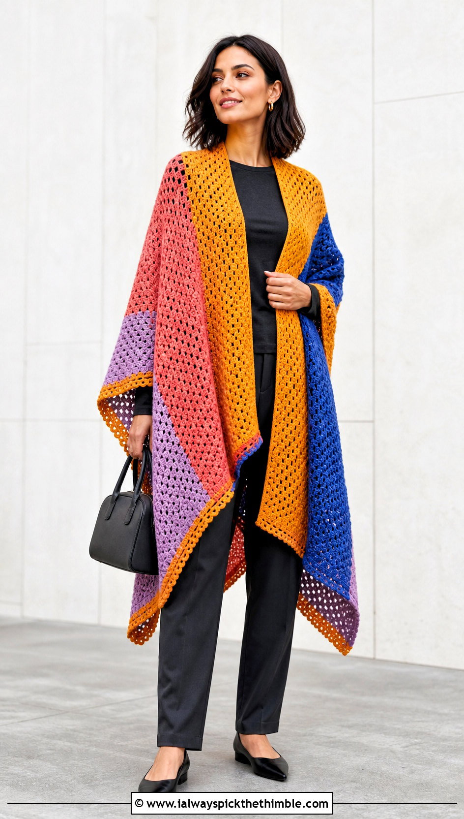 Color Block Crochet Ruana With Monochrome Basics - 15 easy crochet ruana outfit ideas