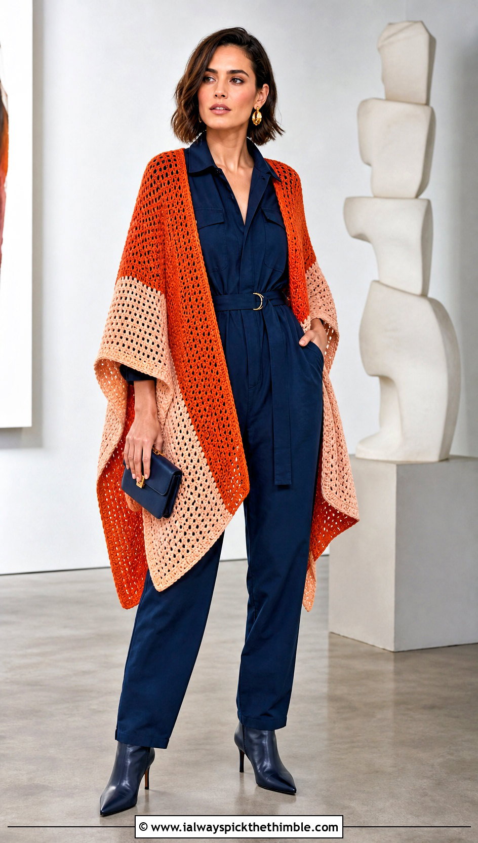 Color Block Crochet Ruana With Utility Jumpsuit - 25 crochet ruana outfit ideas