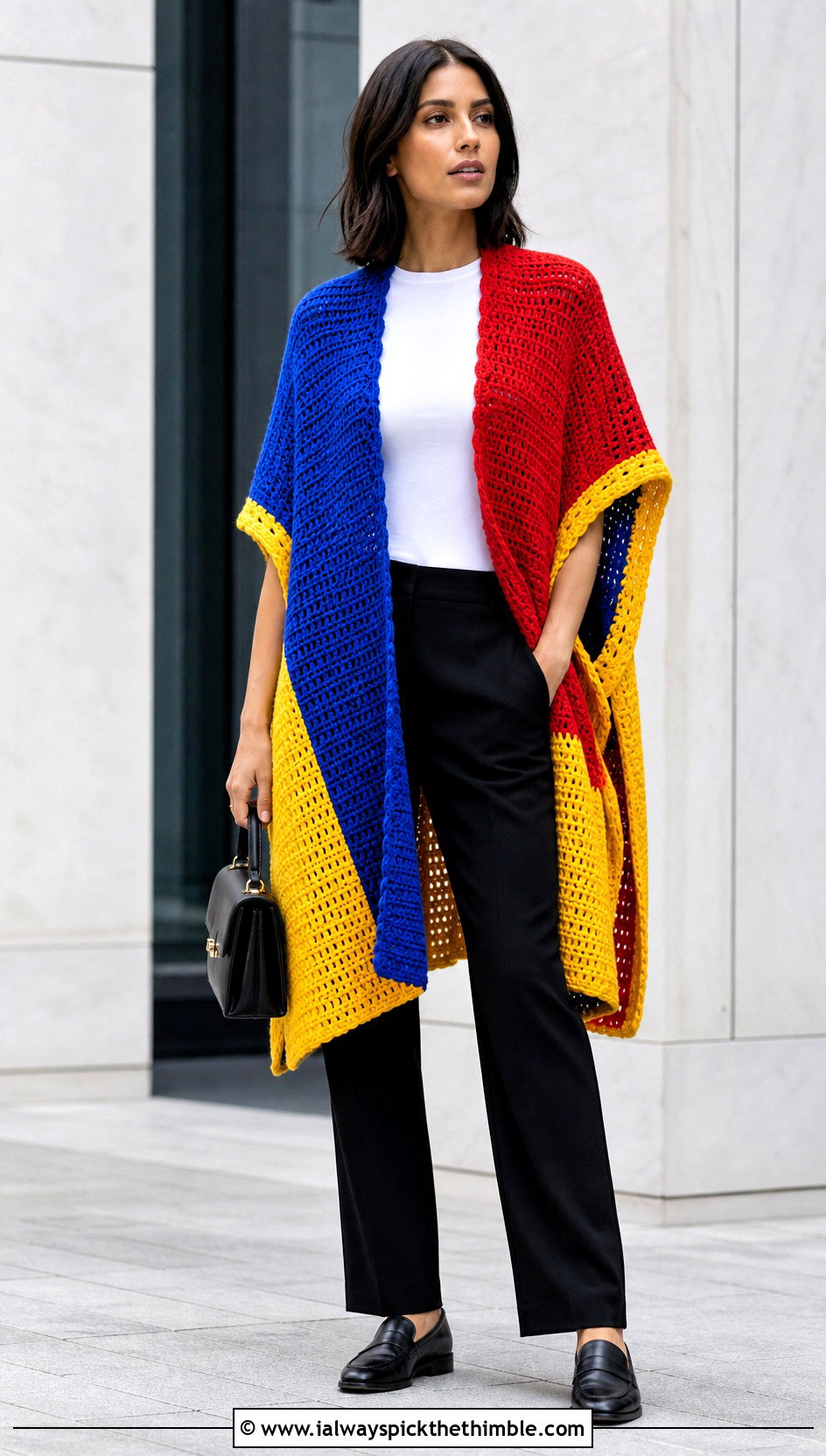 Color Block Crochet Ruana With White Shirt - 20 crochet shawl with arm holes outfit ideas