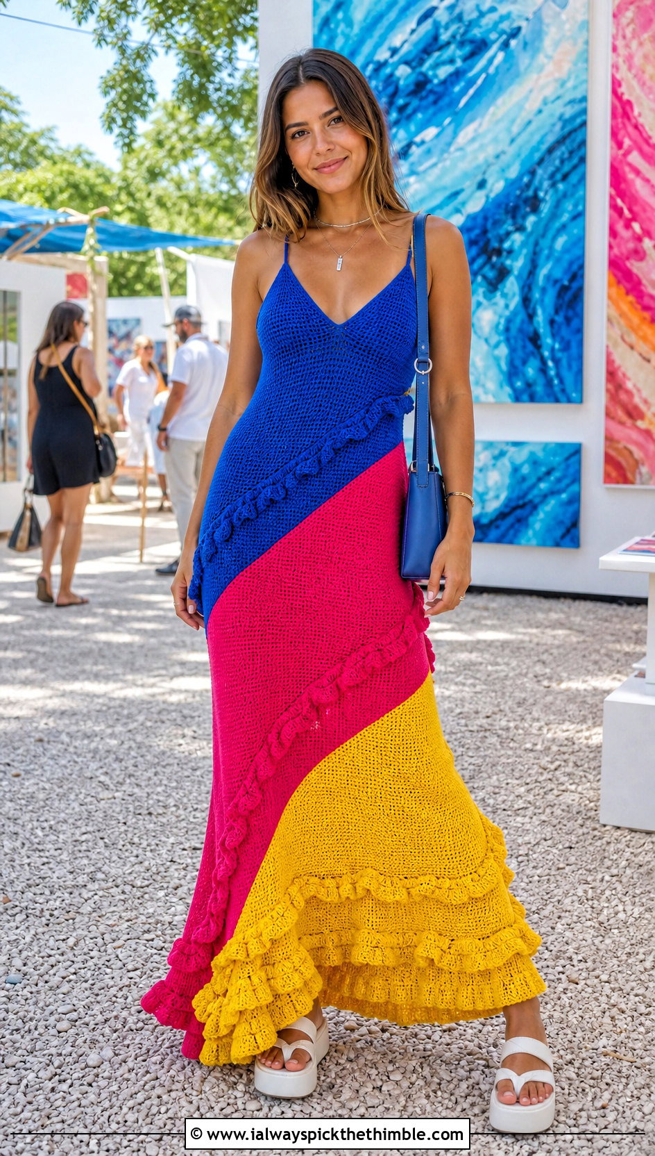 Color Block Crochet Ruffle Dress With Platform Sandals - 25 crochet ruffle dress outfit ideas