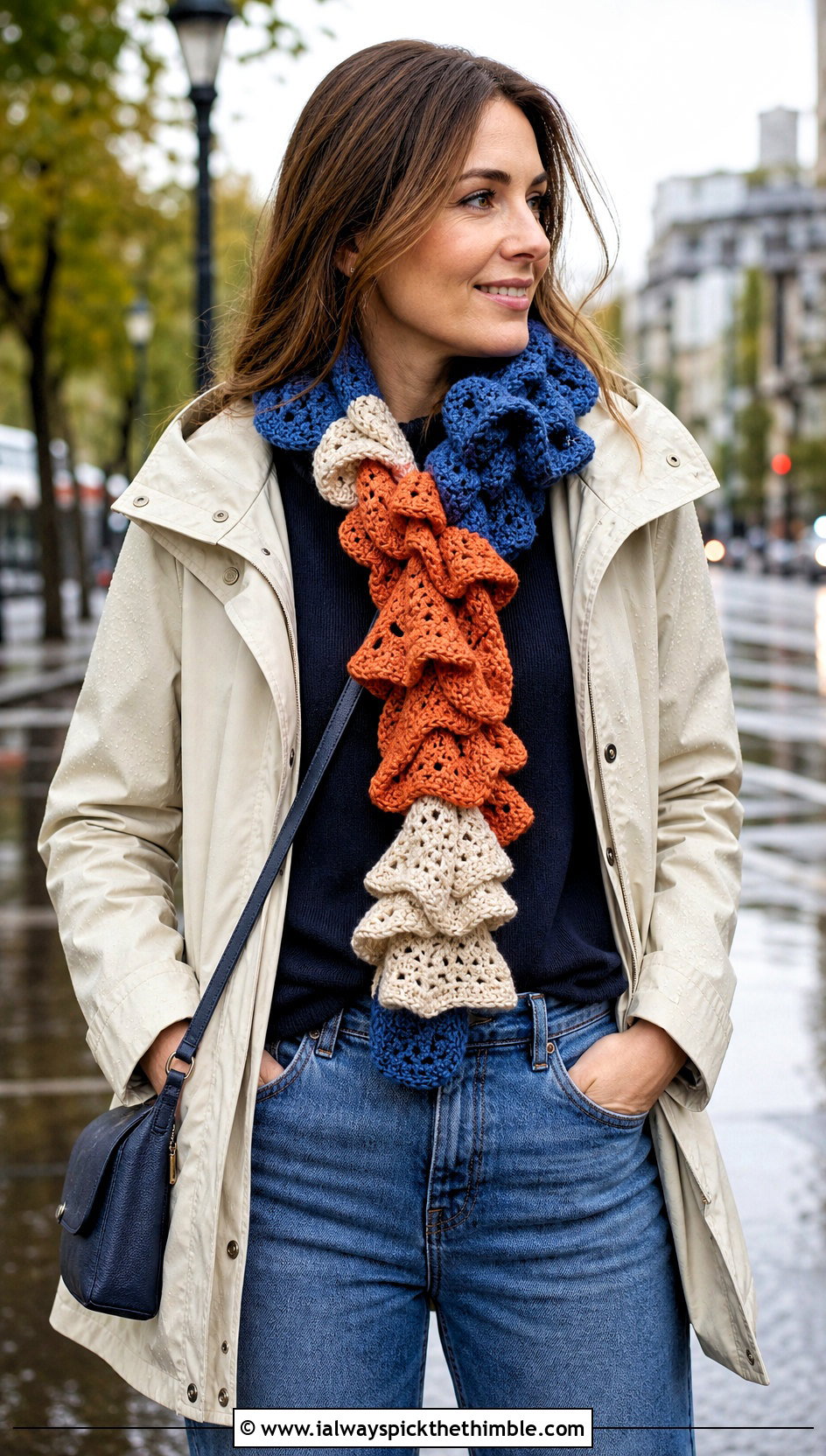 Color Block Crochet Ruffle Scarf With Parka And Straight Leg Jeans - 20 crochet ruffle scarf outfit ideas