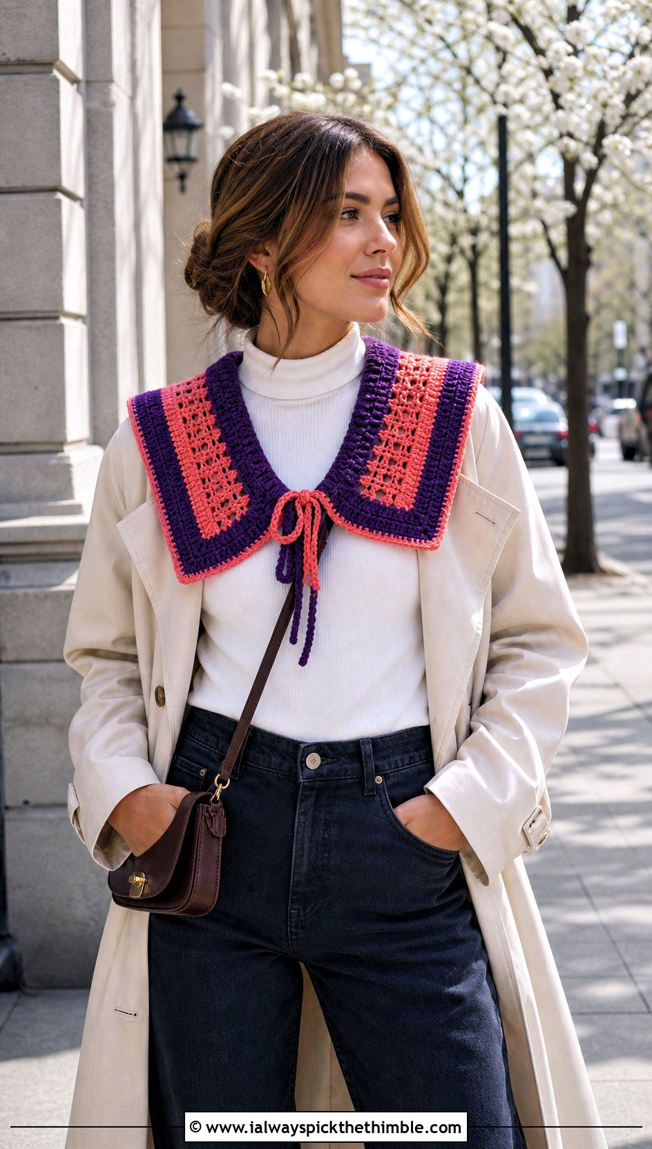 Color Block Crochet Sailor Collar With Trench Coat And Jeans - 20 crochet sailor collar outfit ideas