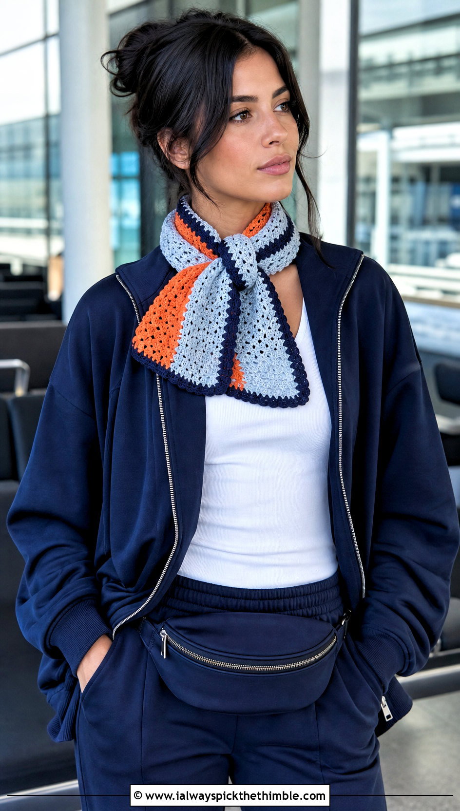 Color Block Crochet Scarf With Athleisure Outfit - 25 small crochet scarf outfit ideas