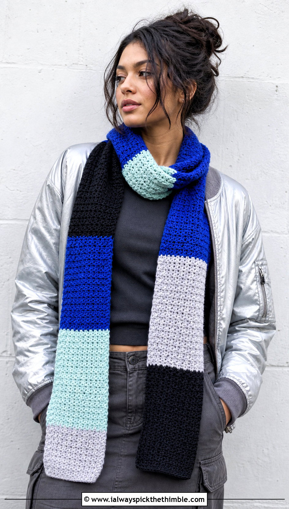 Color Block Crochet Scarf With Bomber Jacket And Cargo Skirt - 25 Winter Crochet Scarfs For Women outfit ideas
