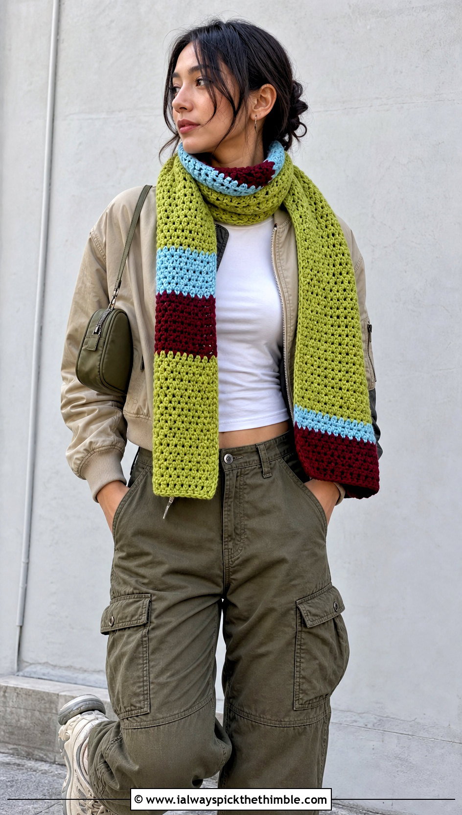 Color Block Crochet Scarf With Bomber Jacket - 20 super crochet scarf outfit ideas