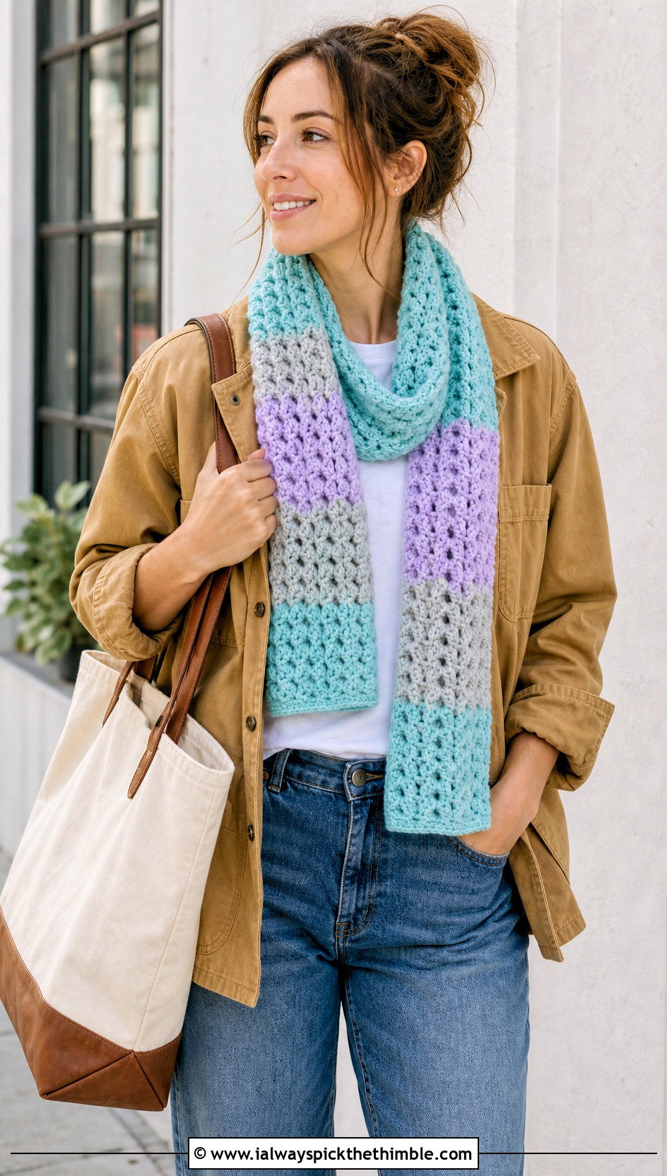 Color Block Crochet Scarf With Chore Jacket And Barrel Jeans - 20 one row repeat crochet scarf outfit ideas