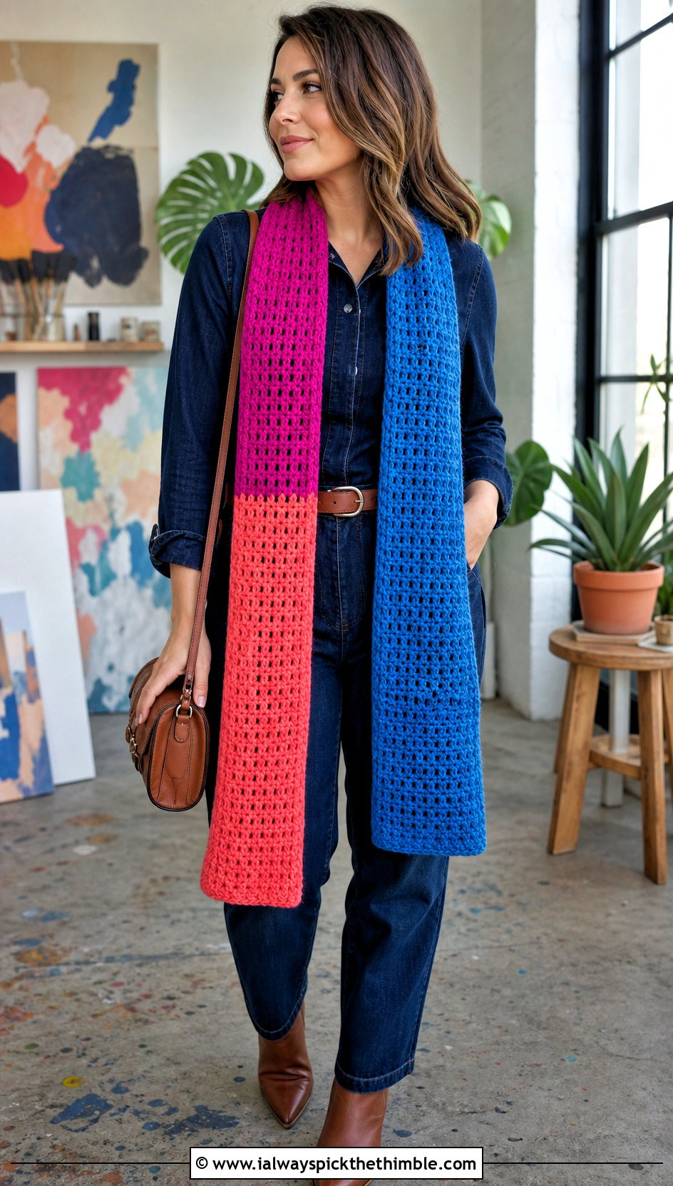 Color Block Crochet Scarf With Denim Jumpsuit - 20 autumn crochet scarf outfit ideas