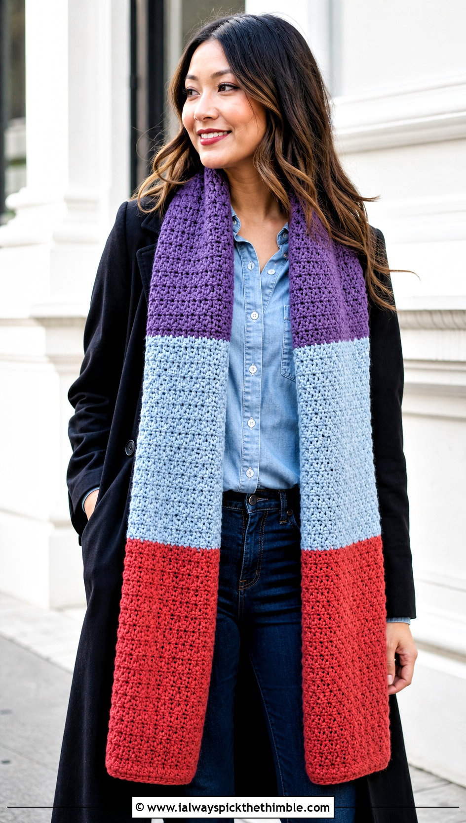 Color Block Crochet Scarf With Double Denim - 25 Winter Crochet Scarf outfit ideas