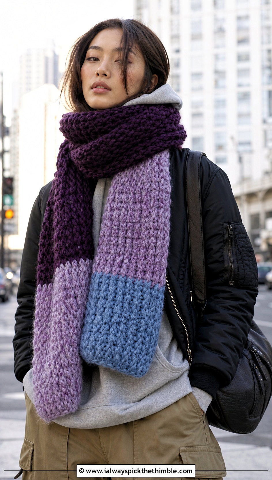 Color Block Crochet Scarf With Hoodie And Cargo Pants - 15 Super Bulky Crochet Scarf outfit ideas