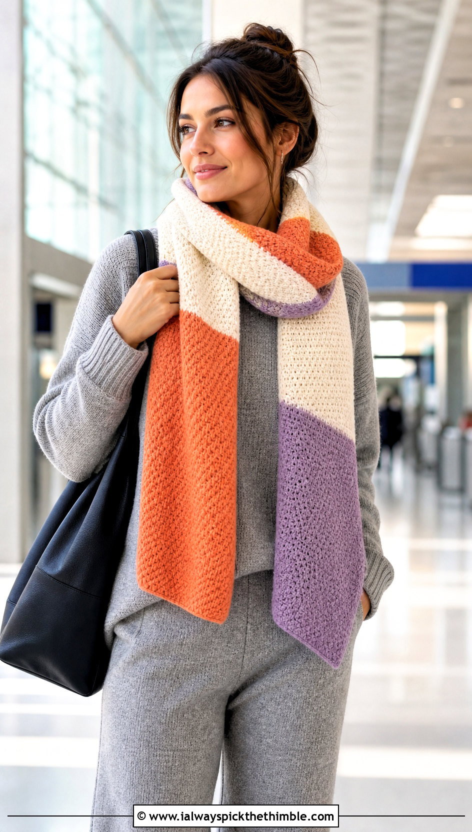 Color Block Crochet Scarf With Knit Set - 20 crochet scarf design ideas