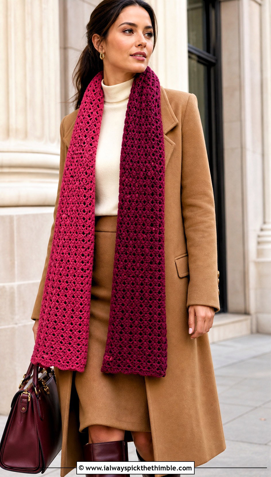 Color Block Crochet Scarf With Long Coat And Column Skirt - 20 Elegant Crochet Scarf outfit ideas