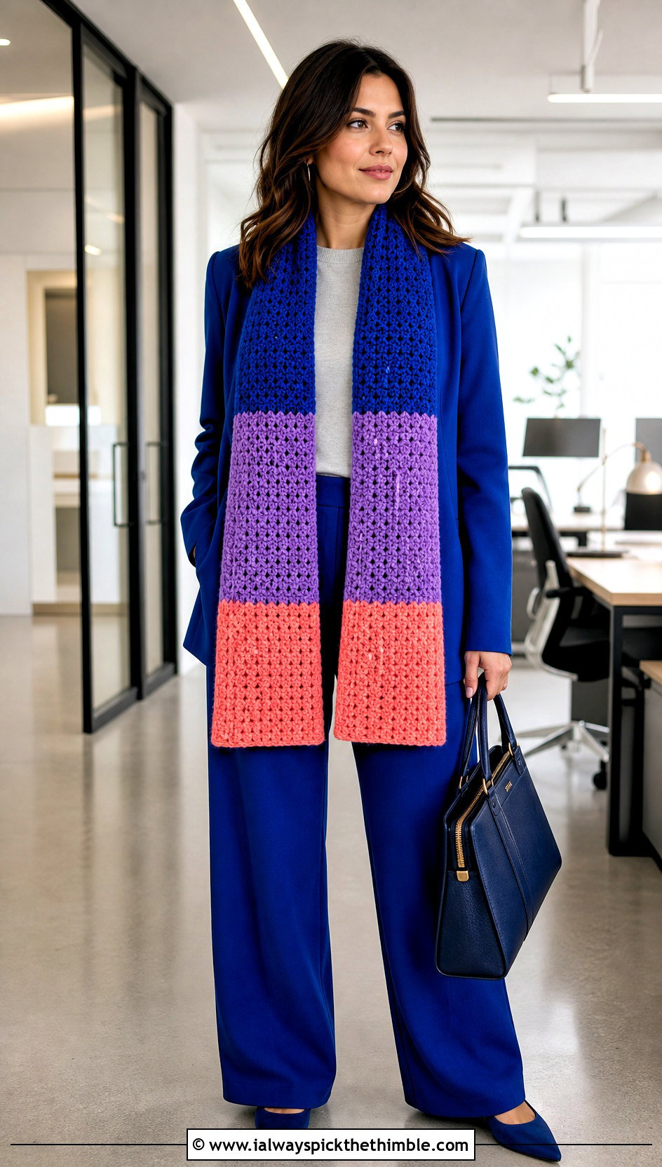 Color Block Crochet Scarf With Matching Suit - 25 fun crochet scarf outfit ideas