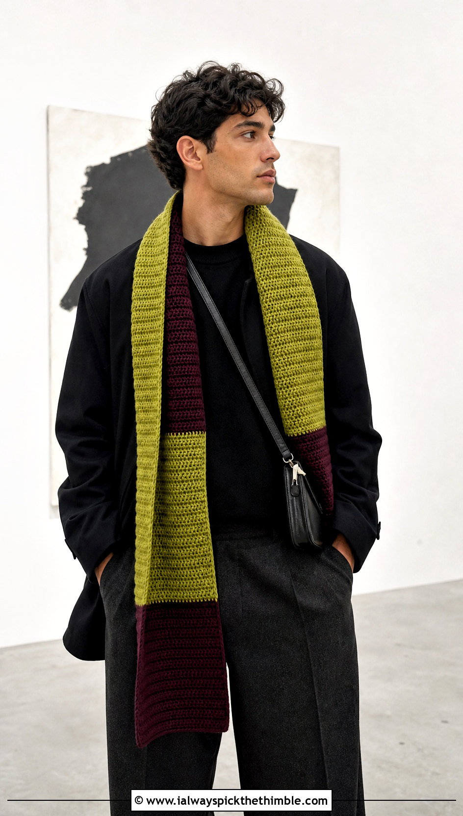 Color Block Crochet Scarf With Minimalist Outfit - 25 men's crochet scarf outfit ideas