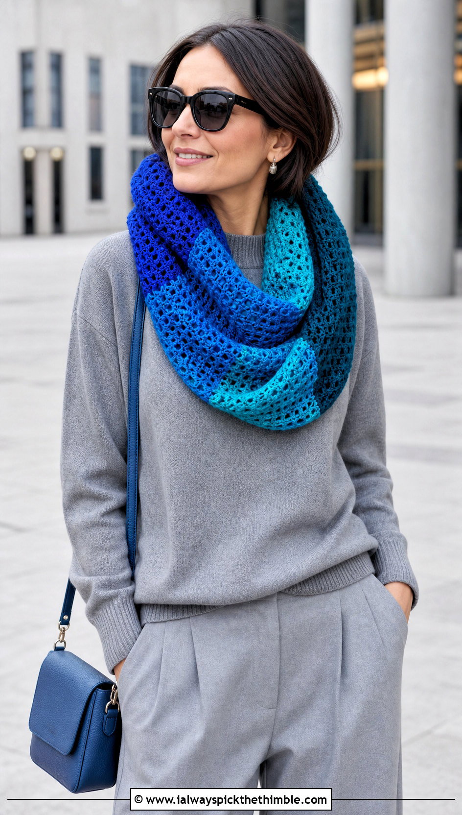 Color Block Crochet Scarf With Monochrome Outfit - 20 Crochet For Beginners Scarf outfit ideas