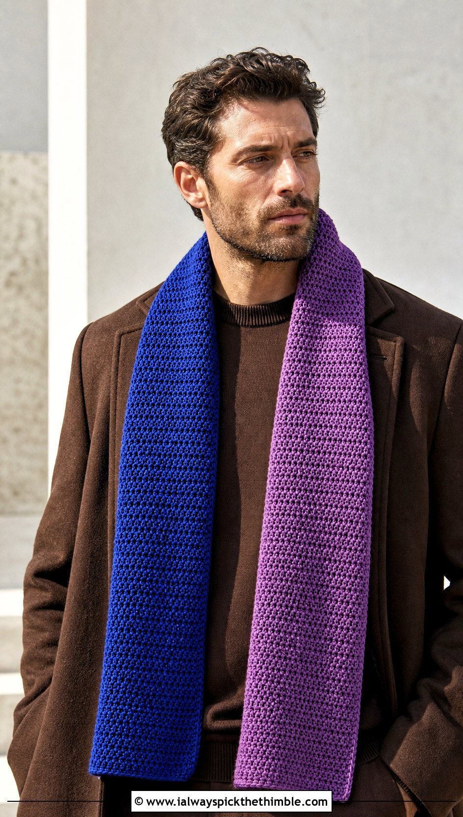 Color Block Crochet Scarf With Monochrome Outfit - 20 easy crochet scarf men outfit ideas