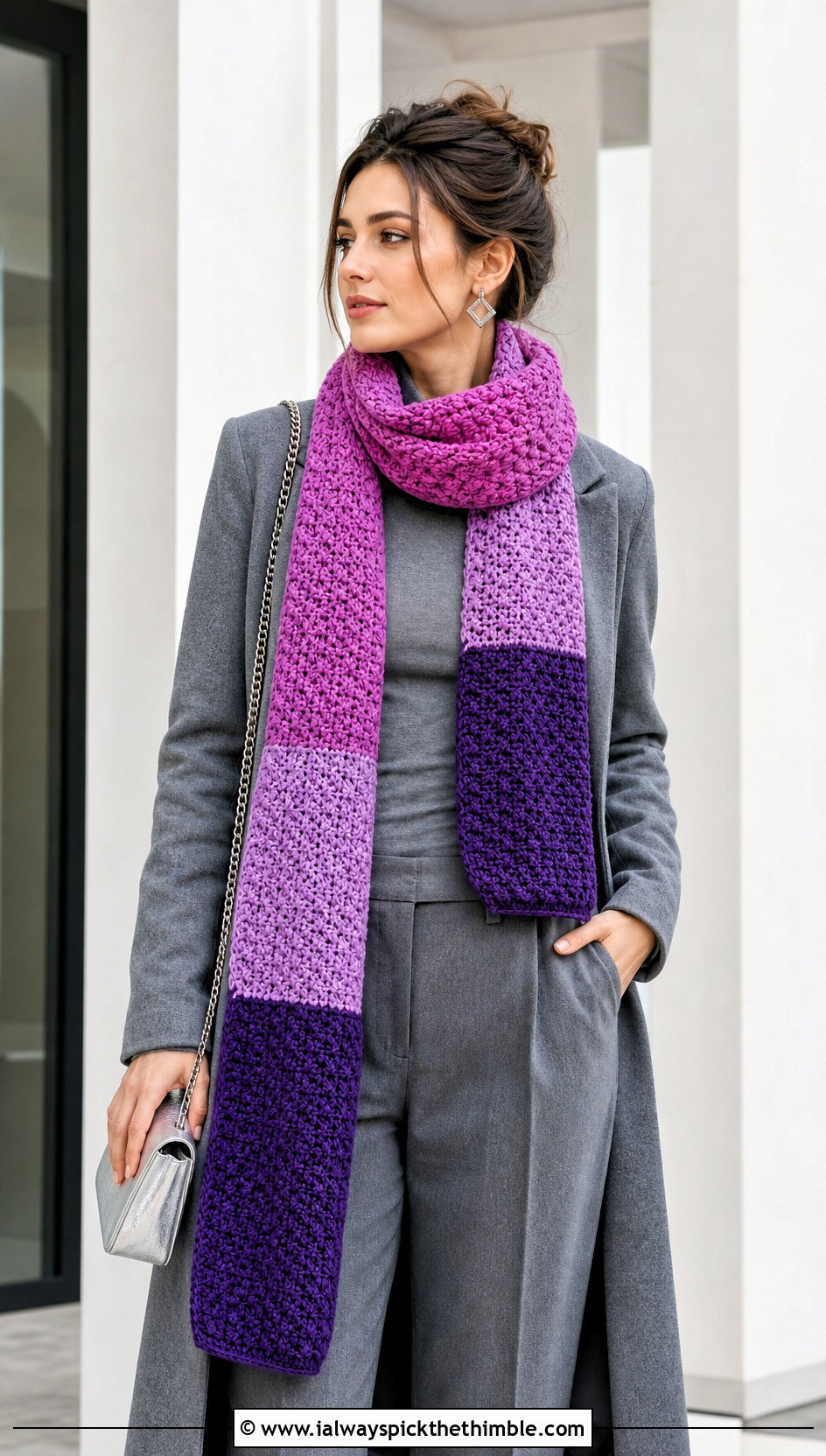 Color Block Crochet Scarf With Monochrome Outfit - 25 beginner crochet scarf outfit ideas