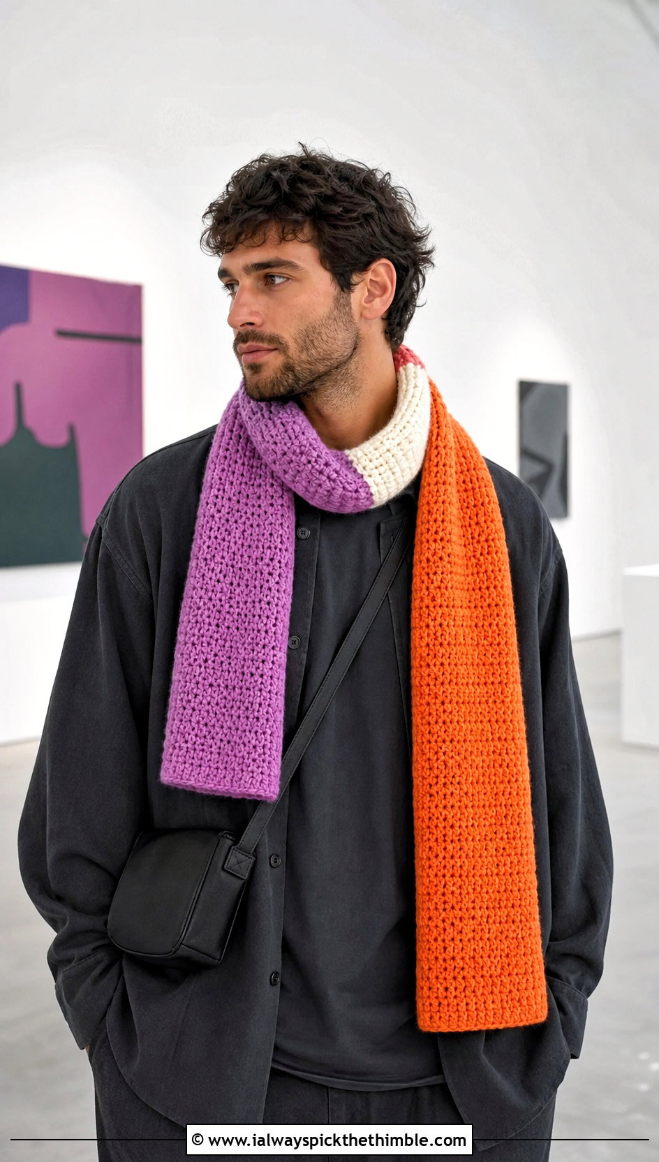 Color Block Crochet Scarf With Monochrome Outfit - 25 crochet scarf for men outfit ideas