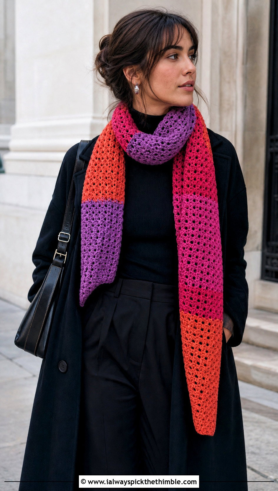 Color Block Crochet Scarf With Monochrome Outfit - 25 crochet winter scarf outfit ideas