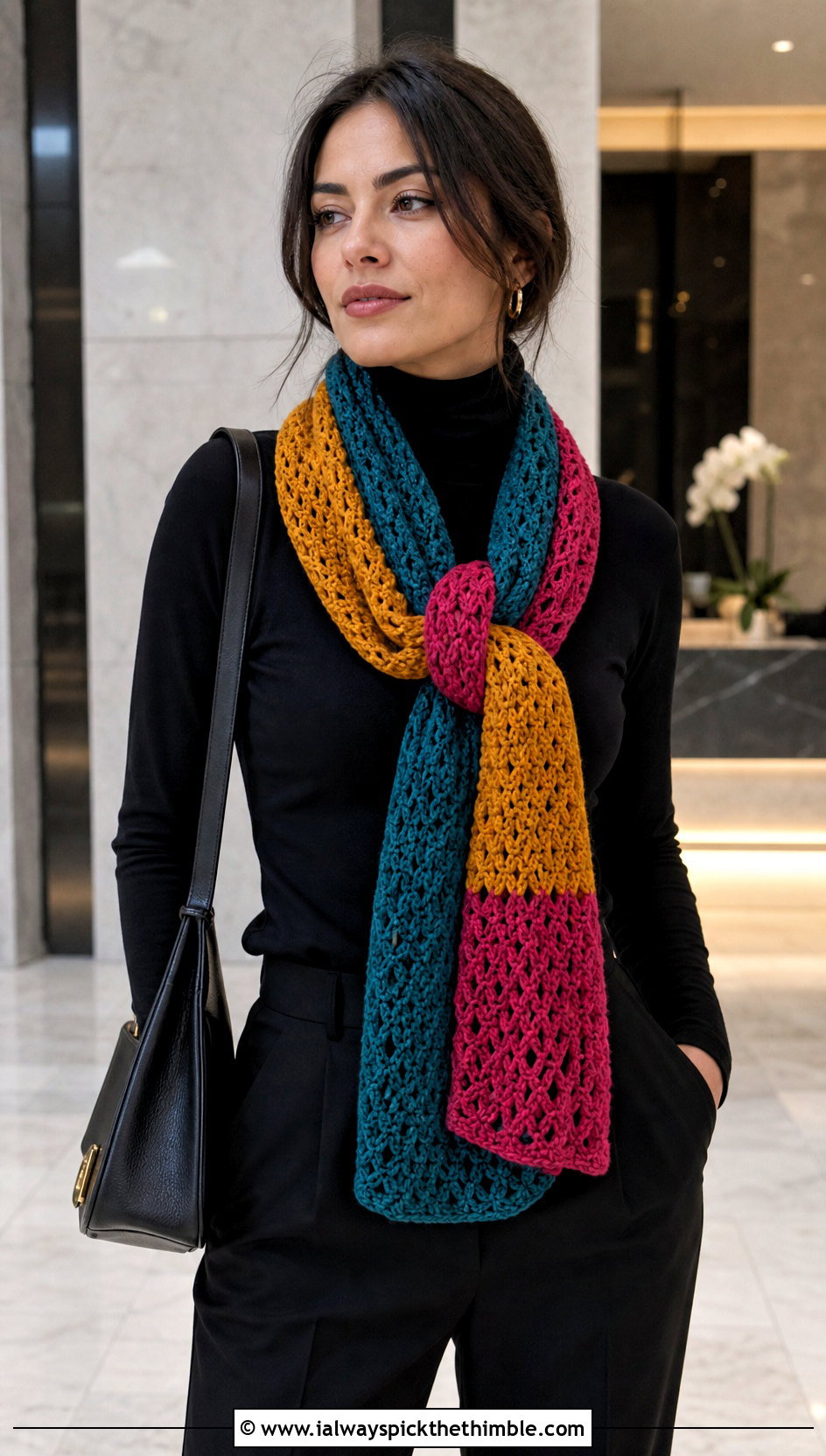 Color Block Crochet Scarf With Monochrome Outfit - 25 cute crochet scarf outfit ideas