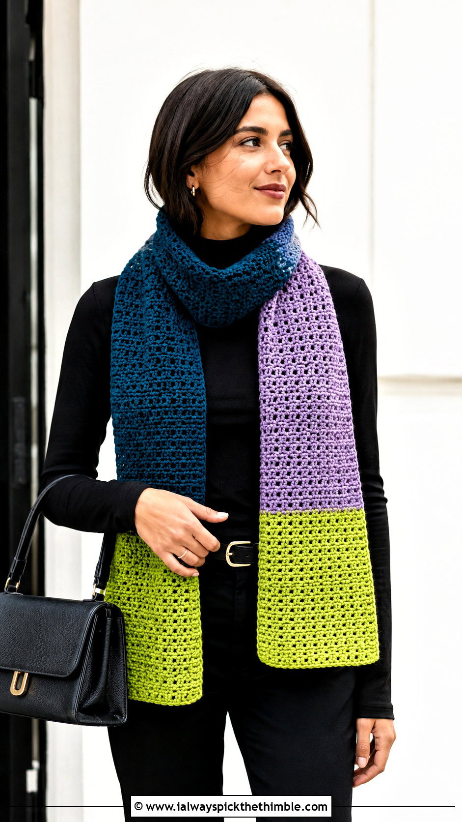 Color Block Crochet Scarf With Monochrome Outfit - 25 easy crochet scarf for beginners outfit ideas
