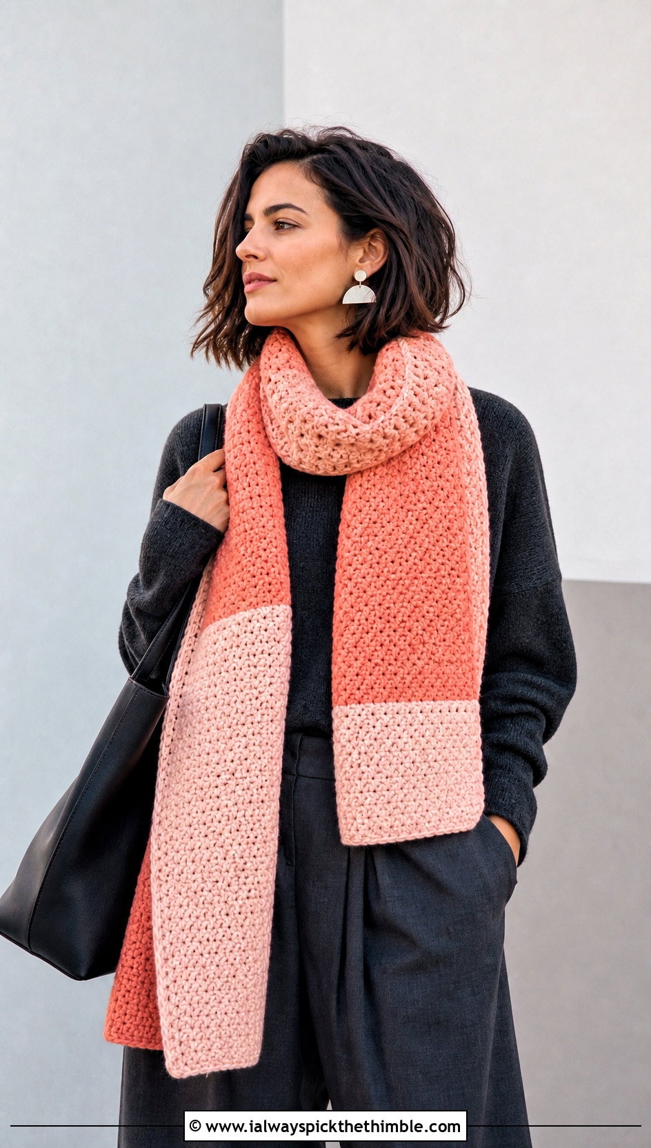 Color Block Crochet Scarf With Monochrome Outfit - 15 beginner crochet scarf design outfit ideas