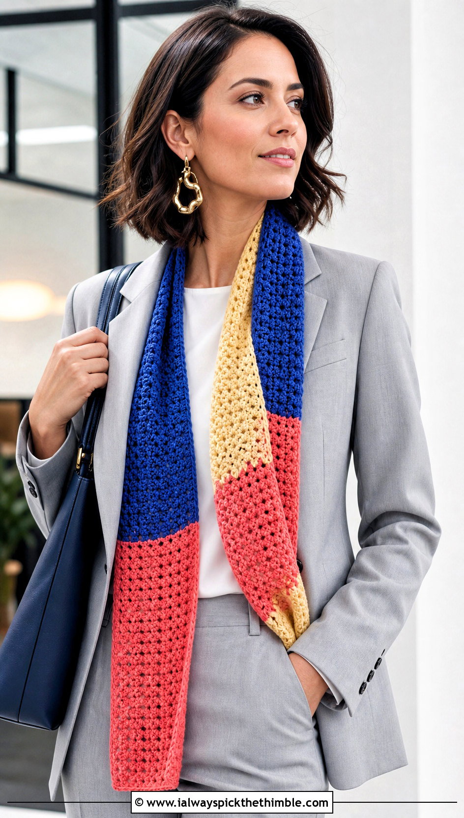 Color Block Crochet Scarf With Monochrome Pantsuit - 15 elegant crochet scarf design outfit ideas