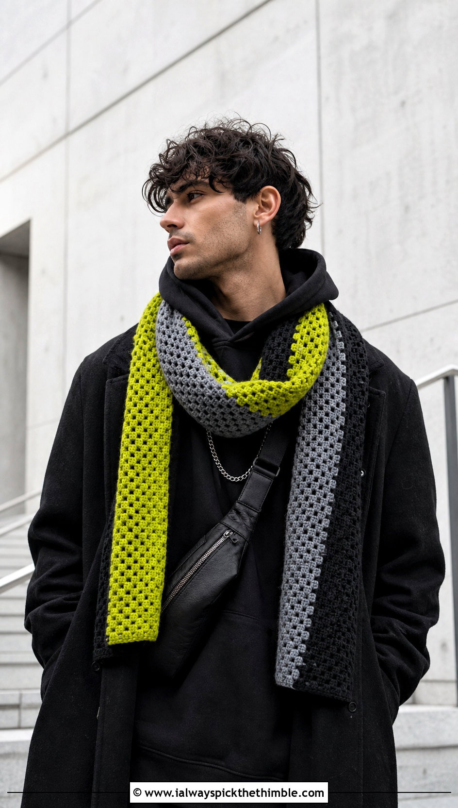 Color Block Crochet Scarf With Monochrome Streetwear - 20 Mens Winter Crochet Scarf outfit ideas