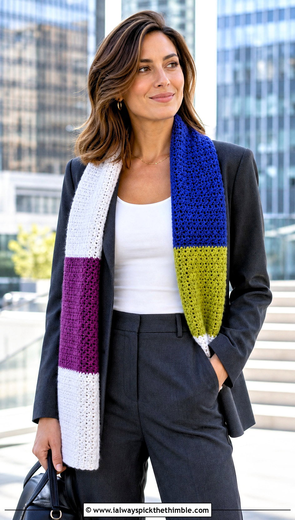 Color Block Crochet Scarf With Monochrome Suit - 20 Beautiful Crochet Scarf outfit ideas