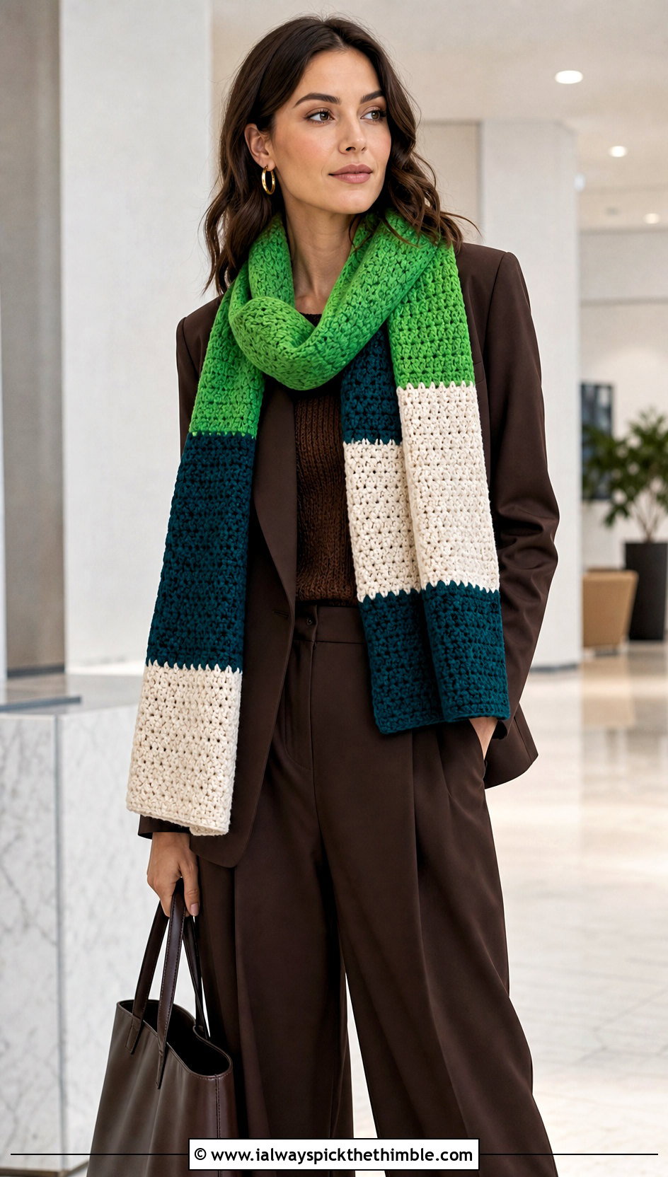 Color Block Crochet Scarf With Monochrome Suit - 20 unique crochet scarf outfit ideas