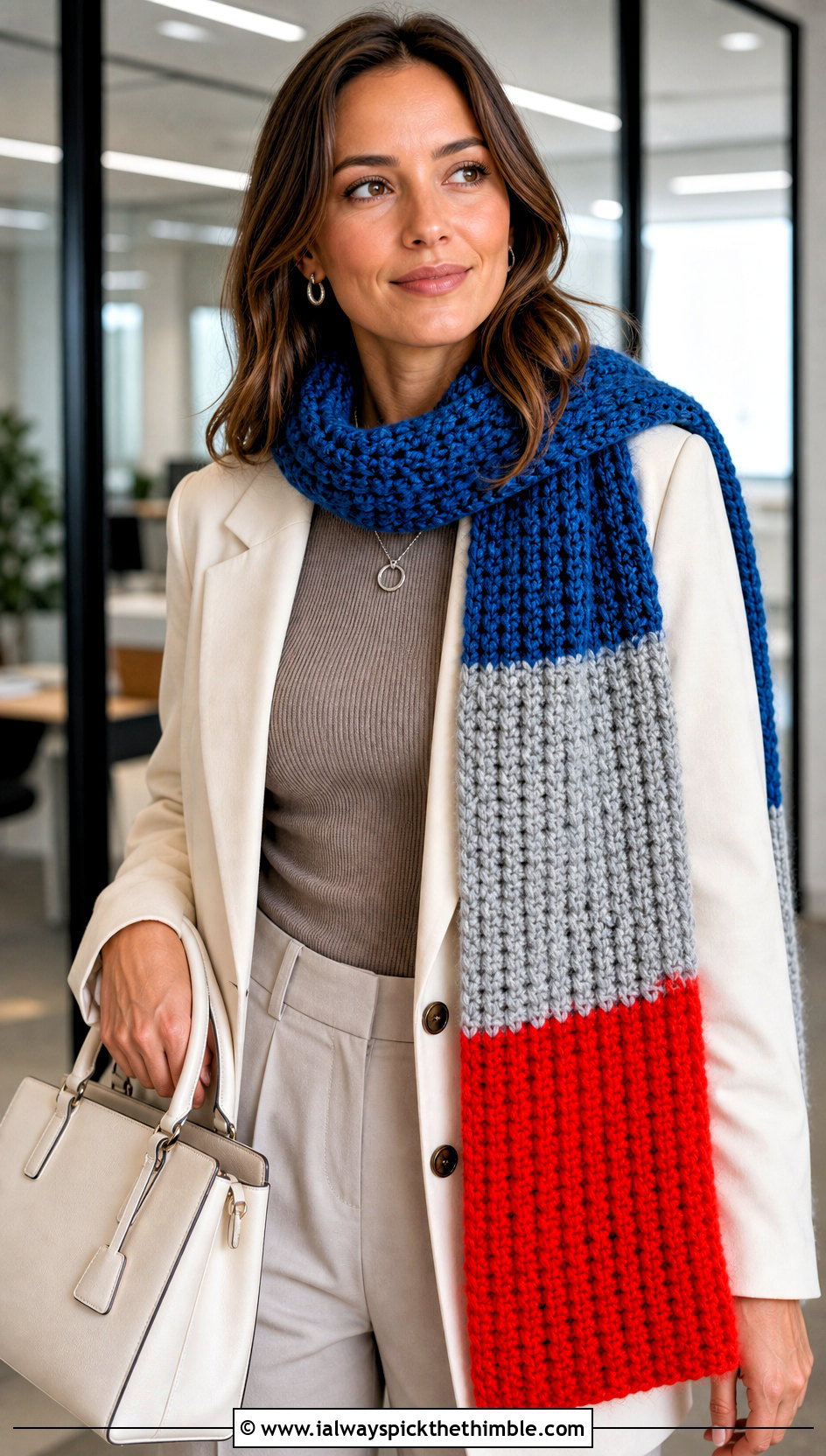 Color Block Crochet Scarf With Monochrome Suit - 15 Crochet Fall Scarf outfit ideas