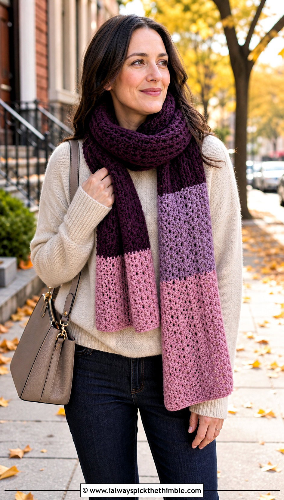 Color Block Crochet Scarf With Neutral Sweater - 20 Crochet Scarf For Beginners outfit ideas