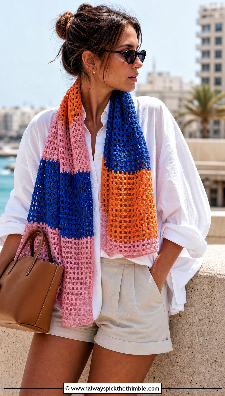 Color Block Crochet Scarf With Oversized Shirt And Shorts - 25 easy crochet scarf outfit ideas