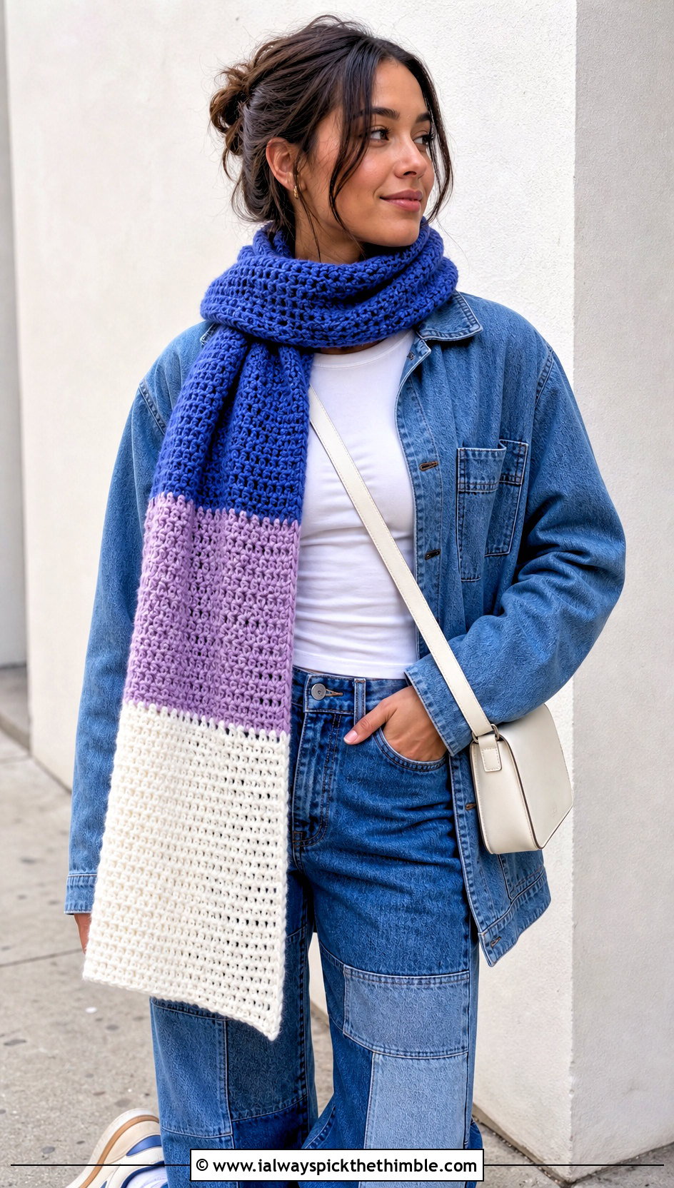 Color Block Crochet Scarf With Patchwork Jeans - 20 denim and crochet scarf outfit ideas