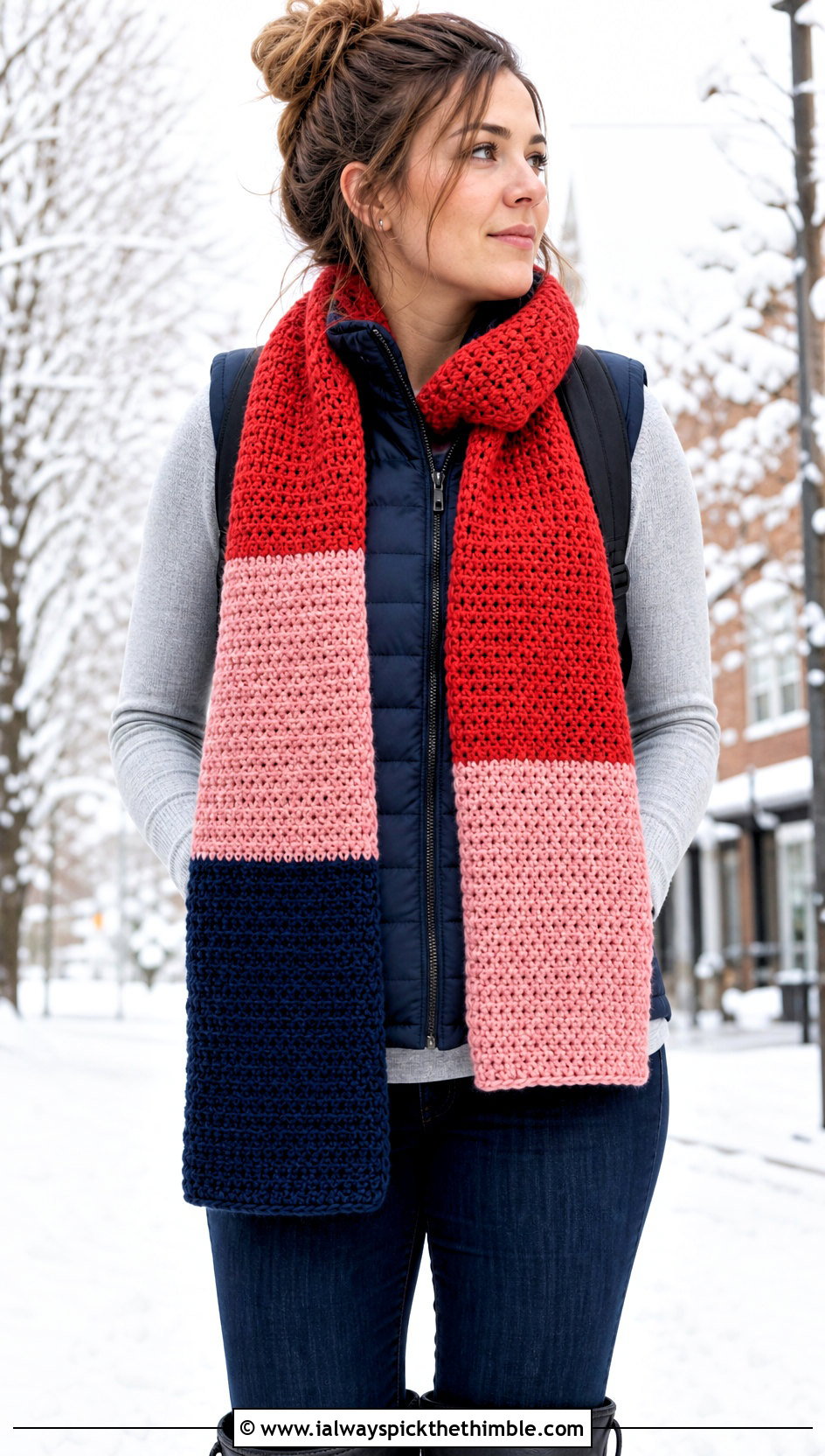 Color Block Crochet Scarf With Puffer Vest - 20 Beginner Crochet Projects Scarf outfit ideas