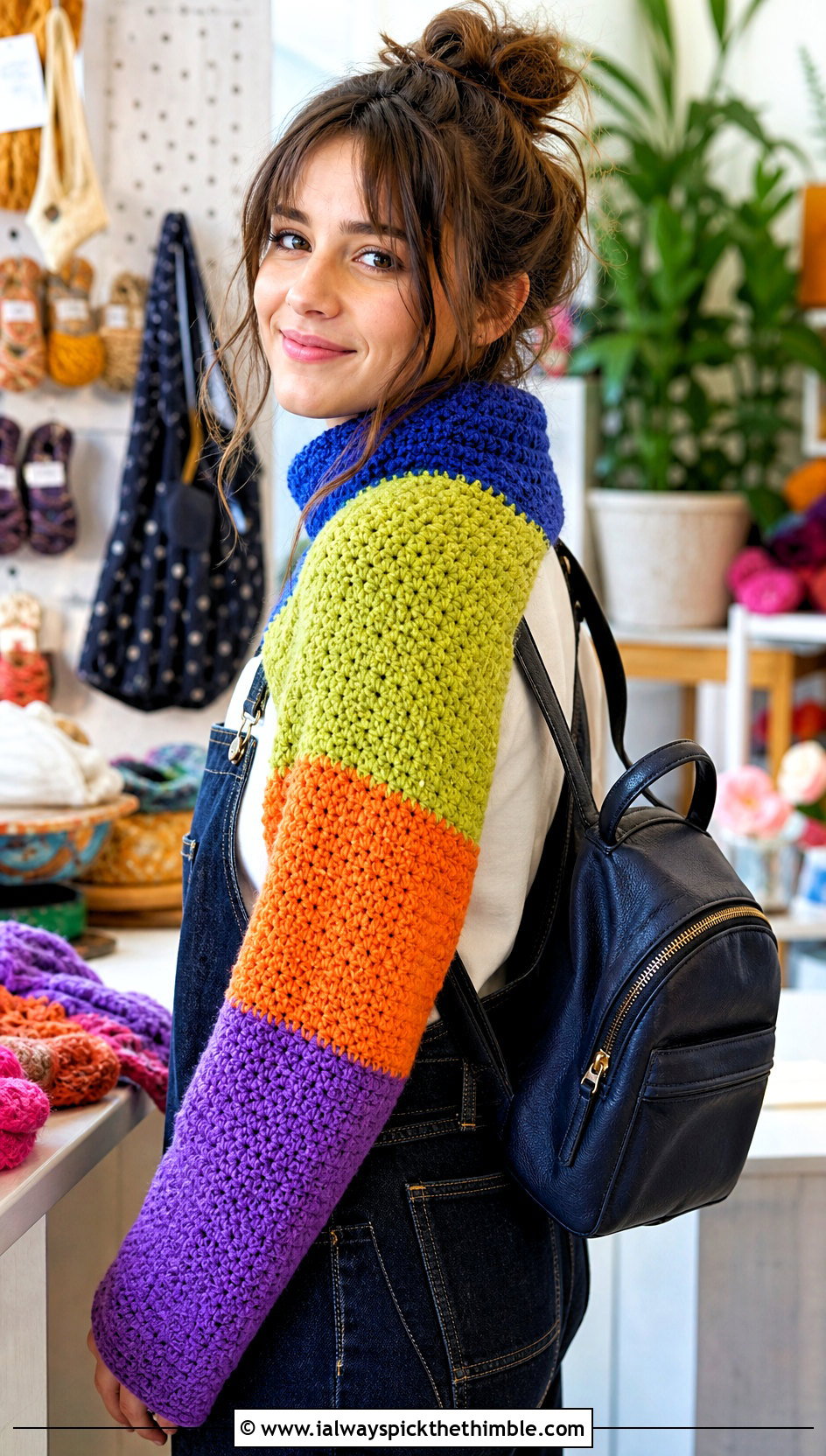 Color Block Crochet Scarf With Sleeves And Denim Overalls - 25 crochet scarf with sleeves outfit ideas