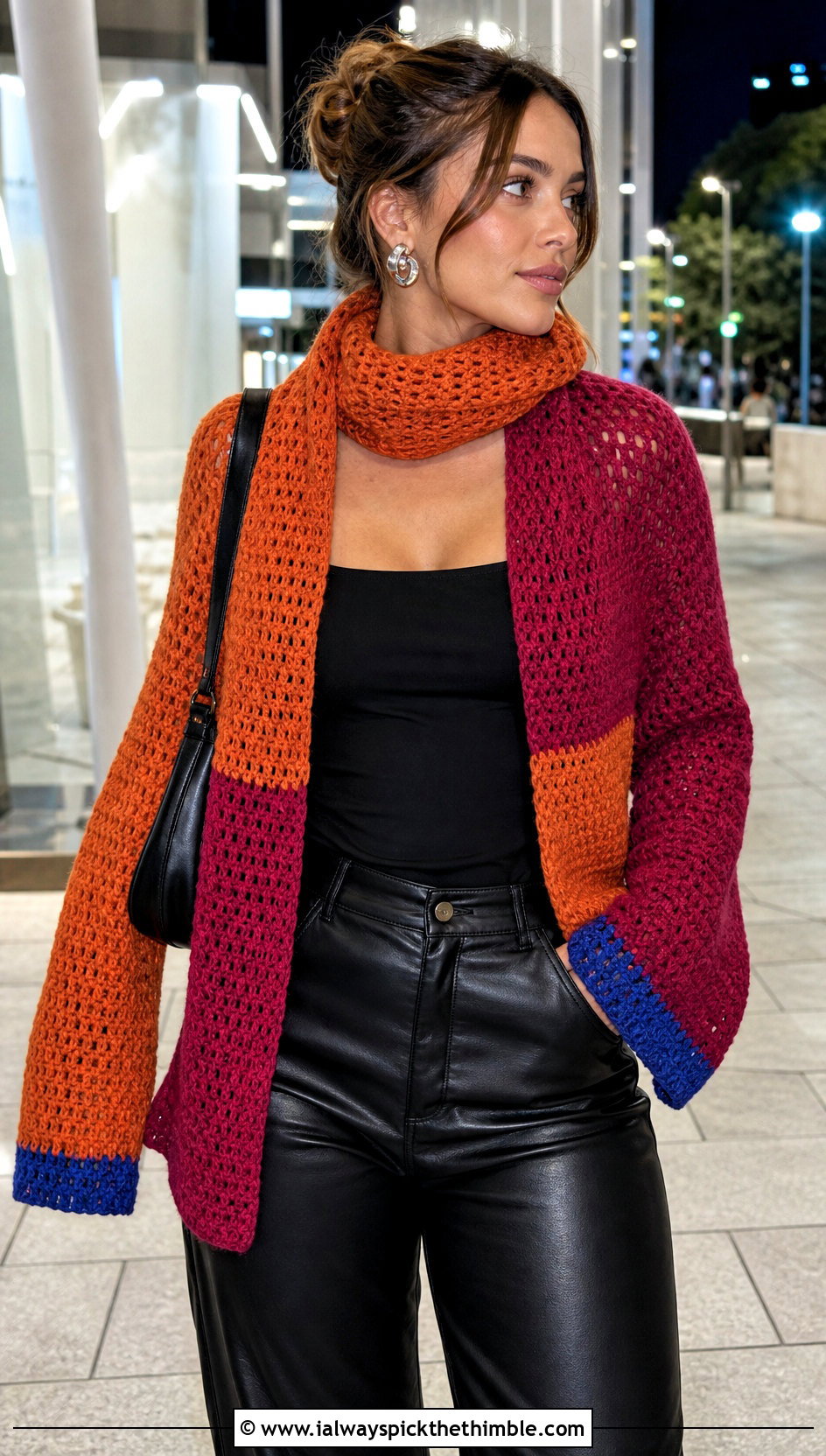 Color Block Crochet Scarf With Sleeves And Leather Pants - 15 Crochet For Scarf With Sleeves outfit ideas