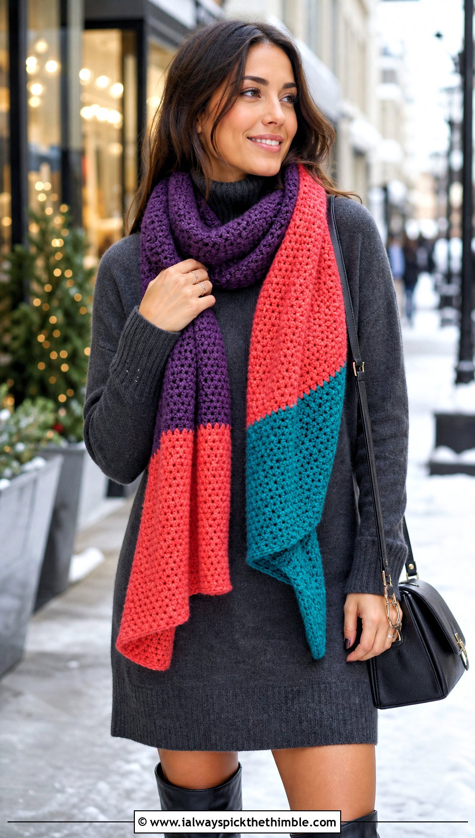 Color Block Crochet Scarf With Sweater Dress - 20 Crochet Fun Scarf outfit ideas