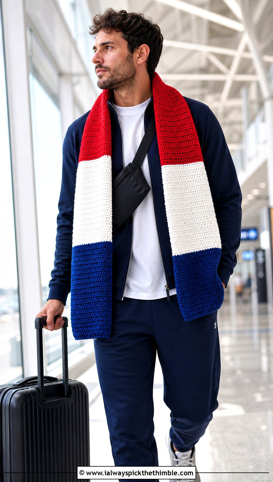 Color Block Crochet Scarf With Tracksuit - 20 Mens Crochet Scarf outfit ideas