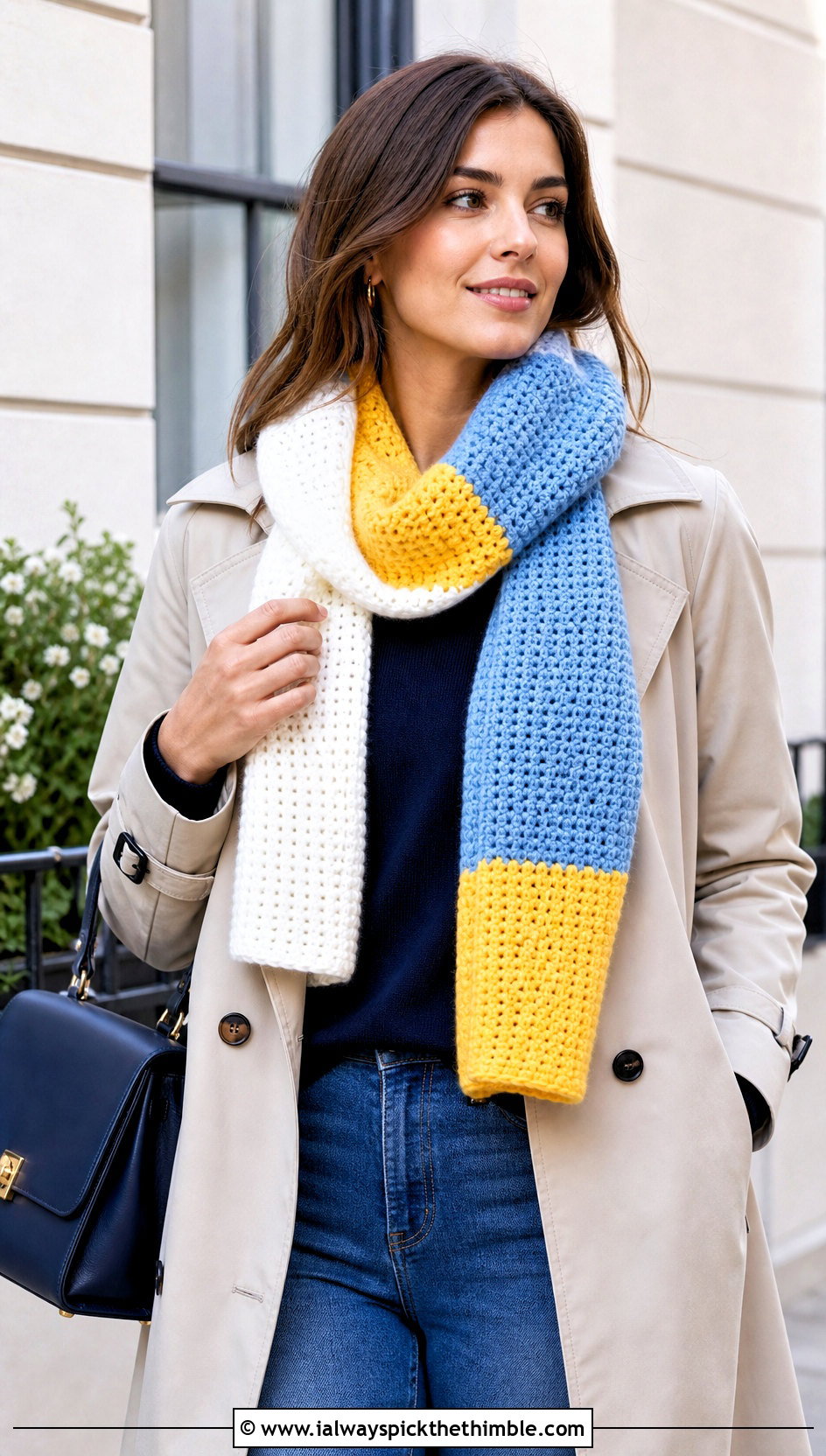 Color Block Crochet Scarf With Trench Coat - 25 quick crochet scarf outfit ideas