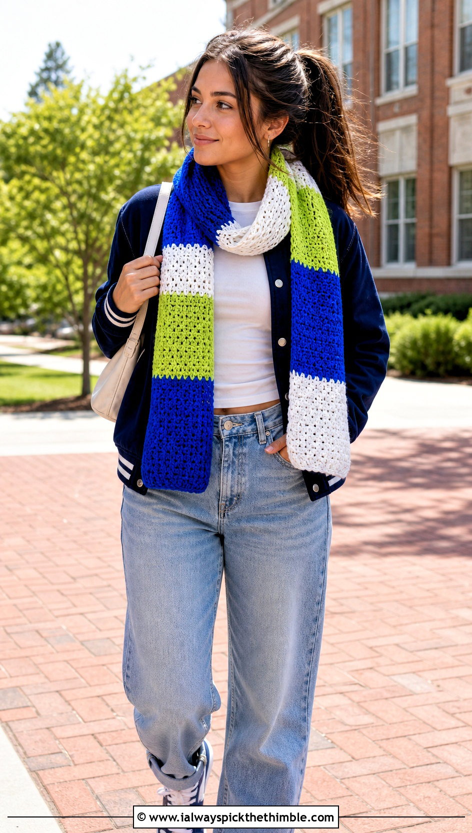 Color Block Crochet Scarf With Varsity Jacket - 20 Quick And Easy Crochet Scarf outfit ideas