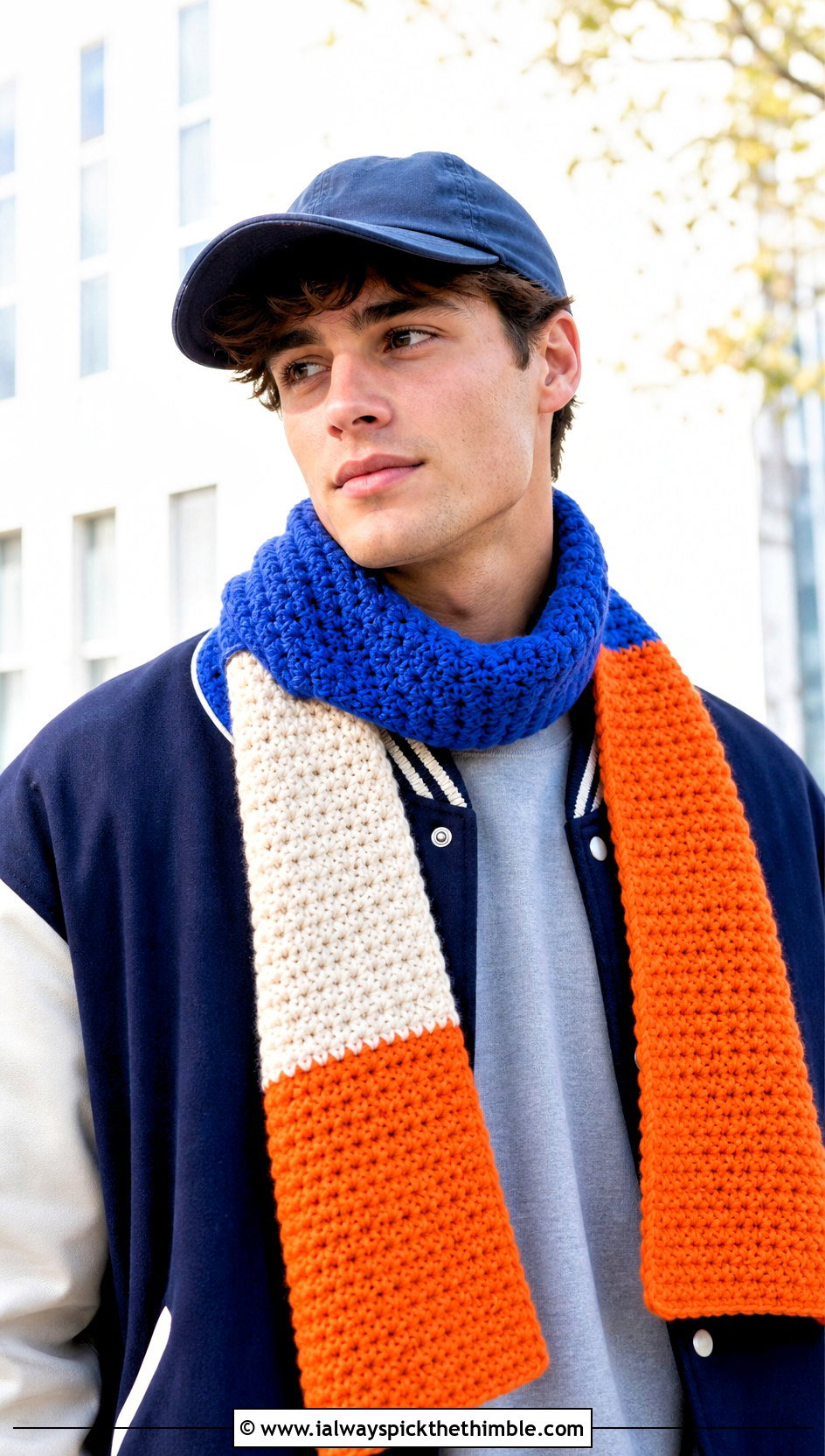 Color Block Crochet Scarf With Varsity Jacket - 25 men crochet scarf outfit ideas