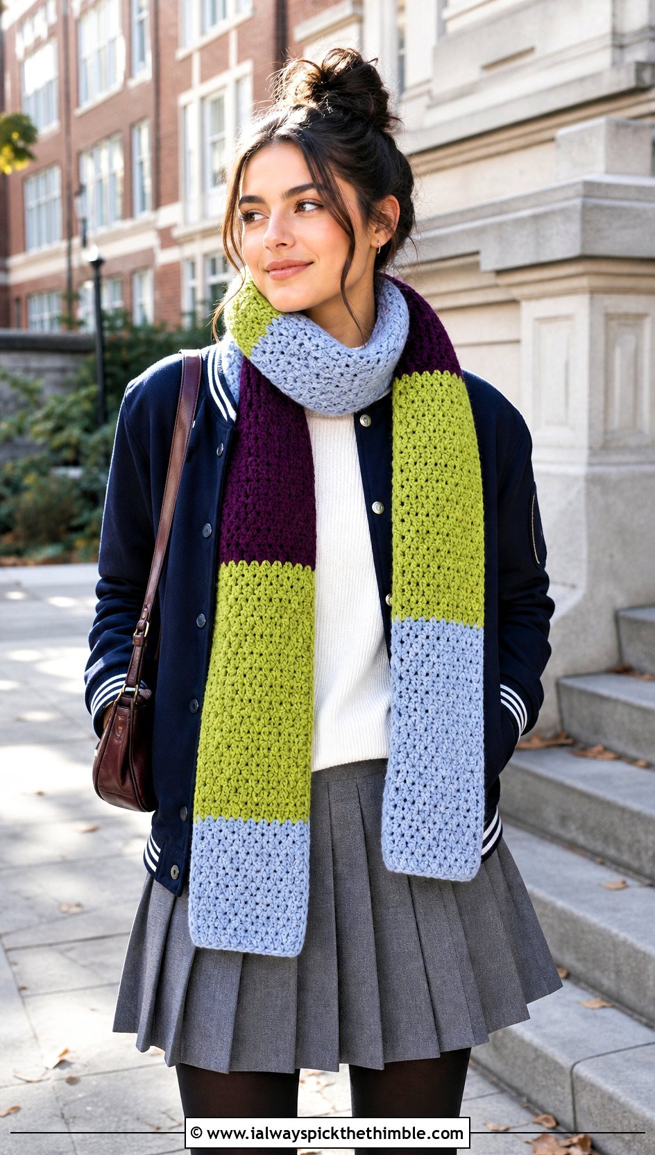 Color Block Crochet Scarf With Varsity Jacket And Pleated Skirt - 15 Winter Crochet Scarf Design outfit ideas